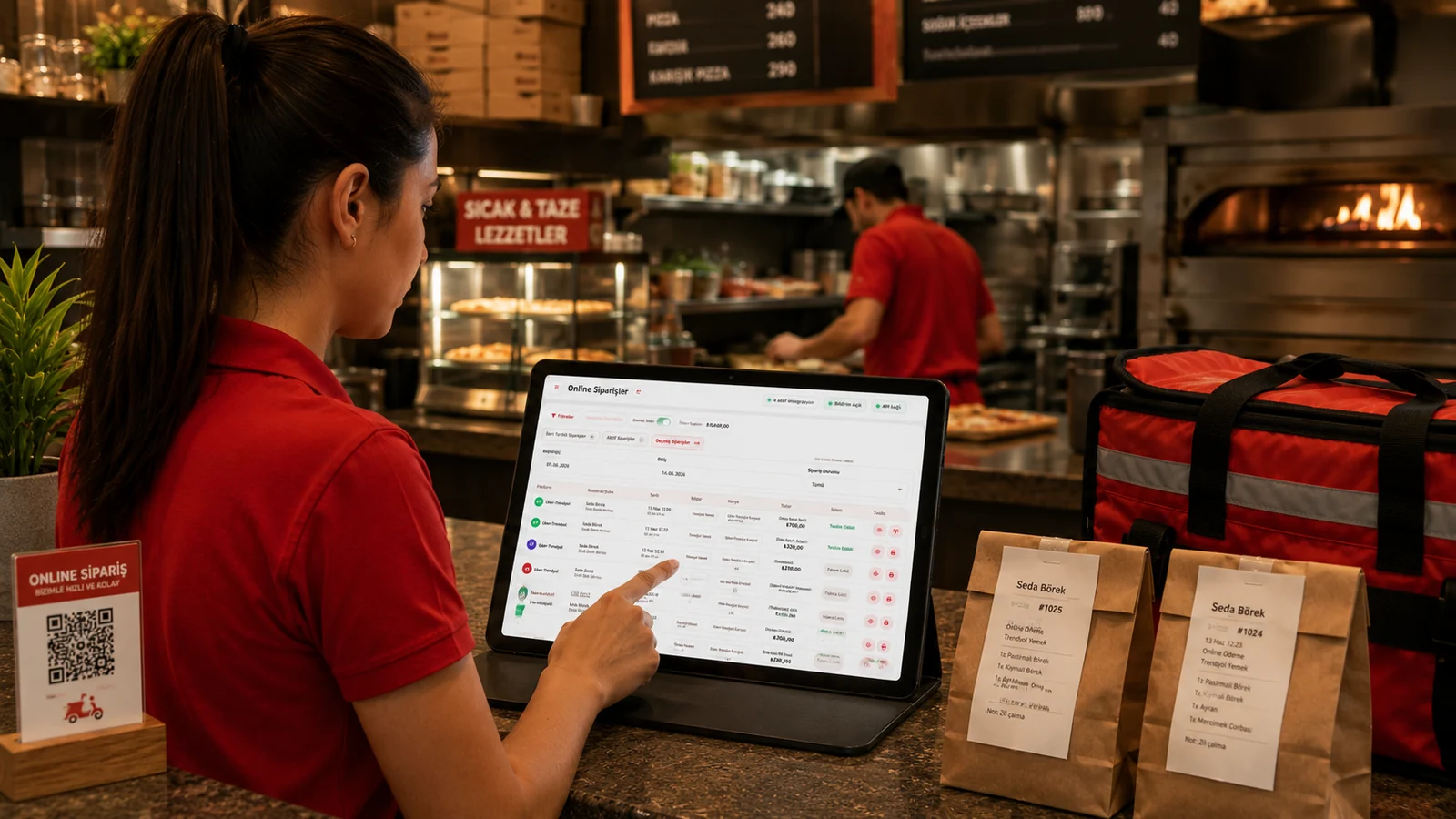 Le personnel du restaurant gère des commandes de livraison multicanales et l’affectation des coursiers sur une tablette