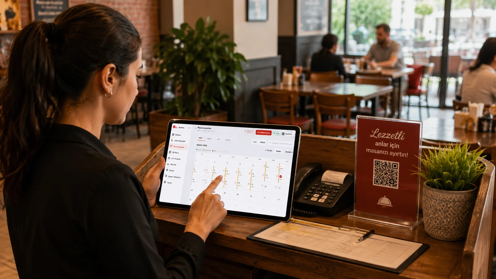 Un responsable gère les réservations sur le plan de salle d’un restaurant