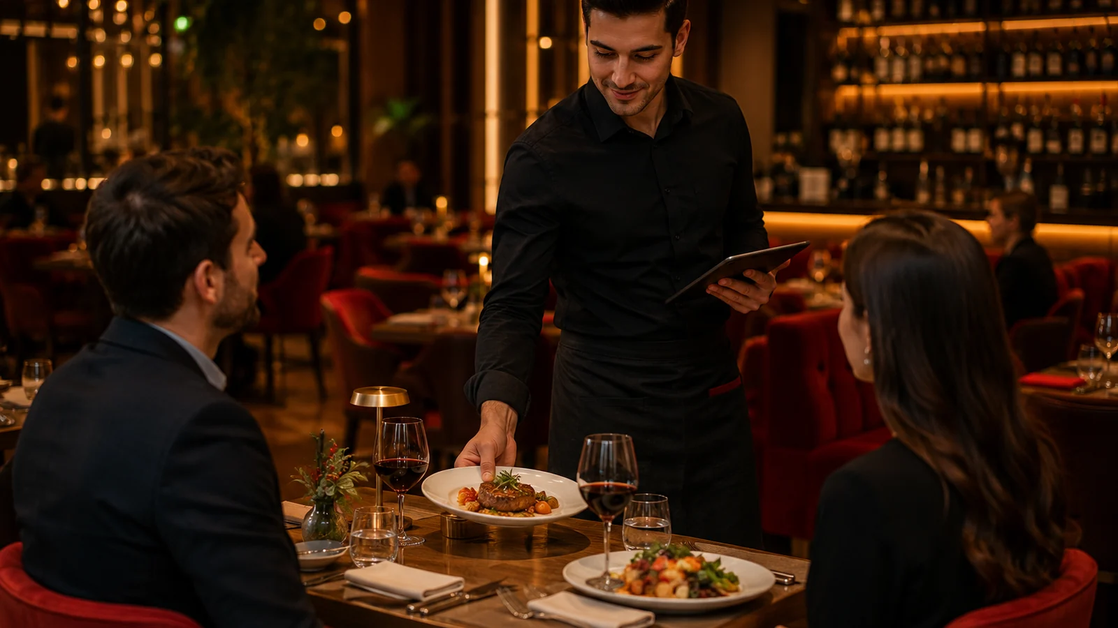 Un client appelle un serveur en scannant un code QR sur la table d’un restaurant avec un téléphone